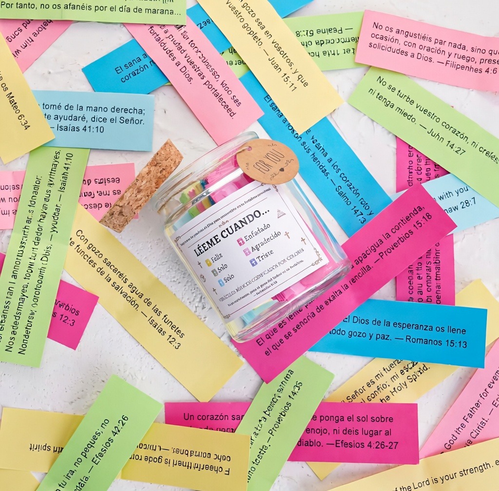 Versículos de colores alrededor del frasco
